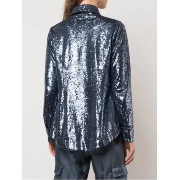 Cinq à Sept Isha Sequin Point Collar Shirt / Medium / Onyx Blue Blouse Holiday - Picture 3 of 12